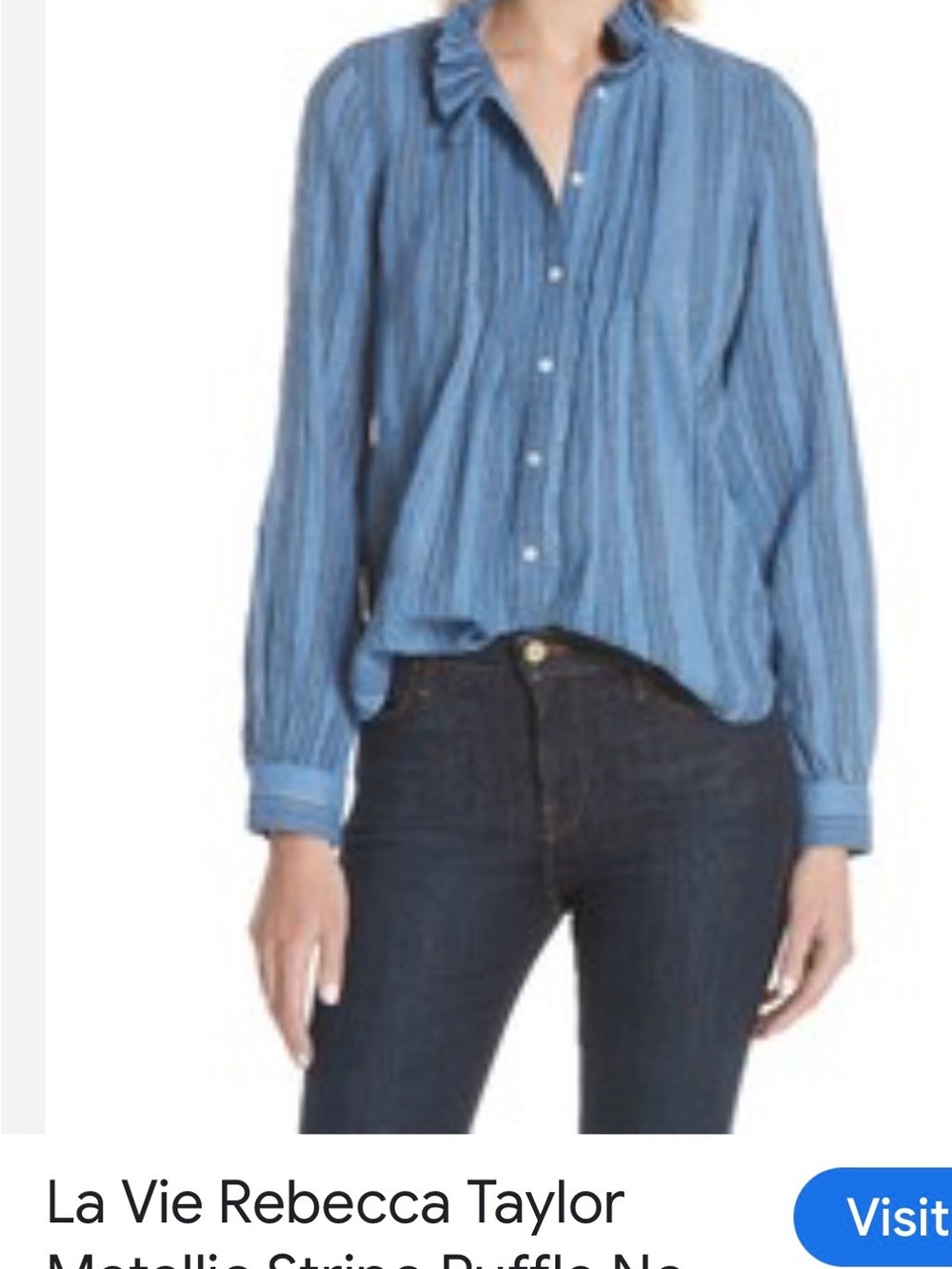 Rebecca Taylor Light Blue Striped Ruffle-Neck Button Down Shirt